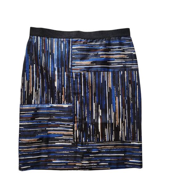 NWT Ann Taylor Skirt knee length paint brush abstract geometric blue black Sz 10 - Picture 1 of 13